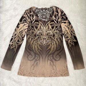 LOVE-T USA Grunge Embellished Long Sleeve Top with Lace Cut Out Back Detail